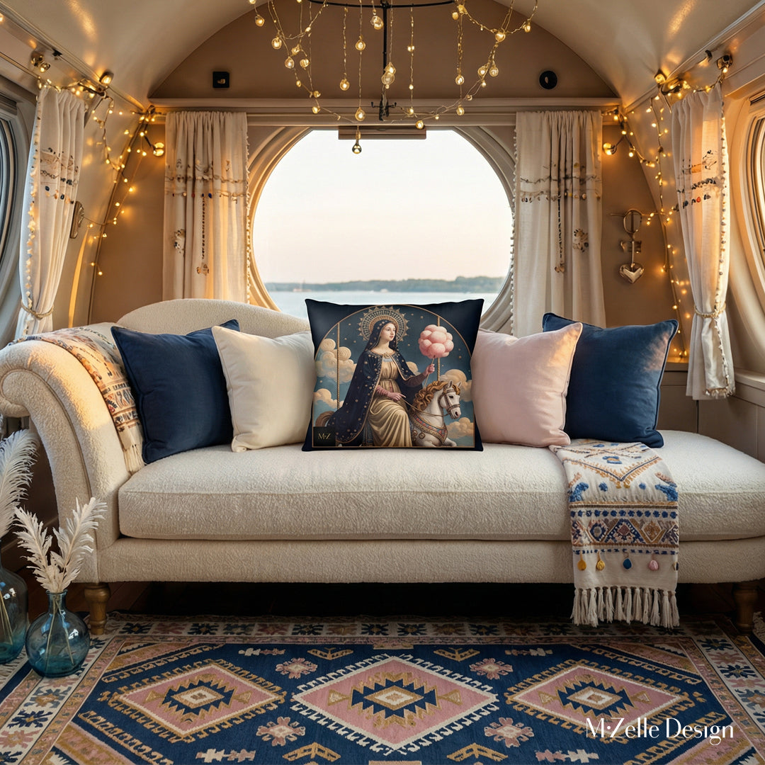 Décor d'intérieur style bohème gipsy chic, Coussin POP MARY MZelle Design motif  artistique de la Vierge Marie tenant une barbapapa sur Carrousel Céleste, fond bleu nuit.