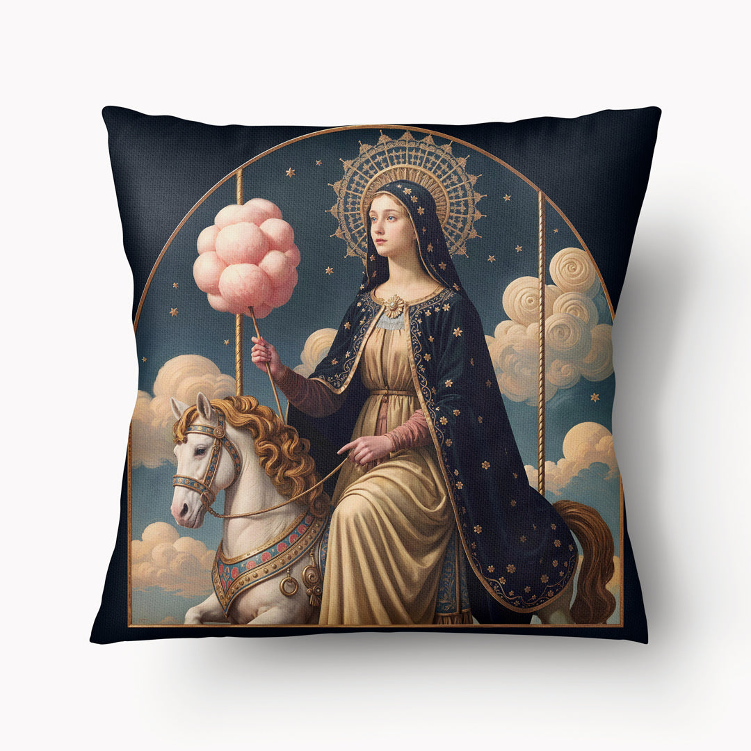 Coussin POP MARY MZelle Design motif  artitique de la Vierge Marie tenat une barbapapa sur Carrousel Céleste, fond bleu nuit