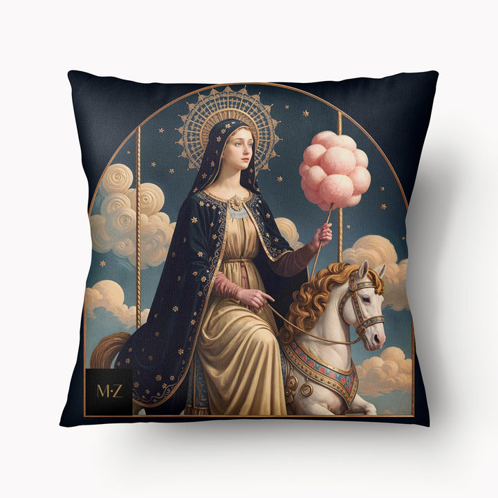 Coussin POP MARY MZelle Design motif  artitique de la Vierge Marie tenat une barbapapa sur Carrousel Céleste, fond bleu nuit