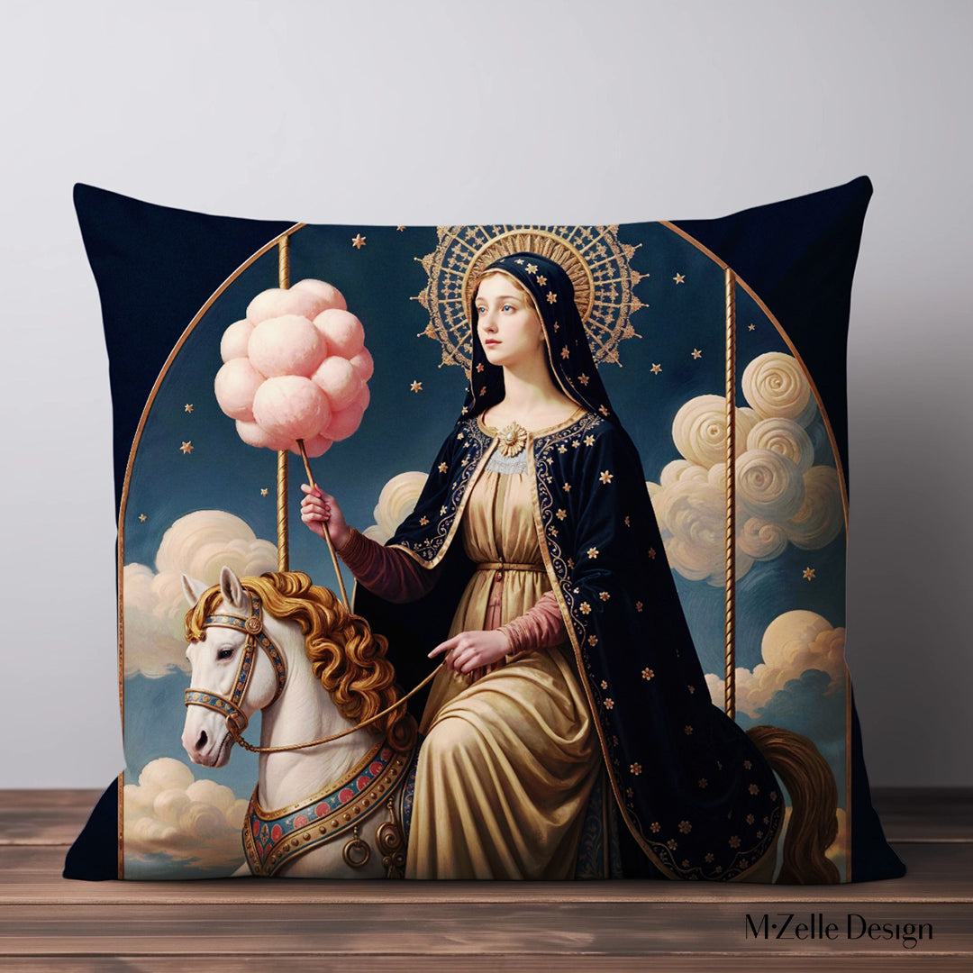 Housse de Coussin POP MARY MZelle Design motif  artitique de la Vierge Marie tenat une barbapapa sur Carrousel Céleste, fond bleu nuit