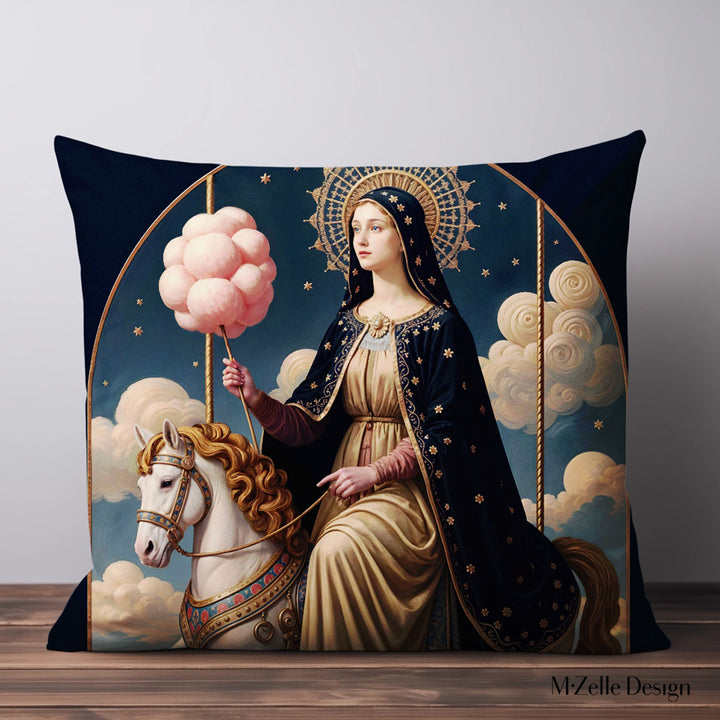 Housse de Coussin POP MARY MZelle Design motif  artitique de la Vierge Marie tenat une barbapapa sur Carrousel Céleste, fond bleu nuit
