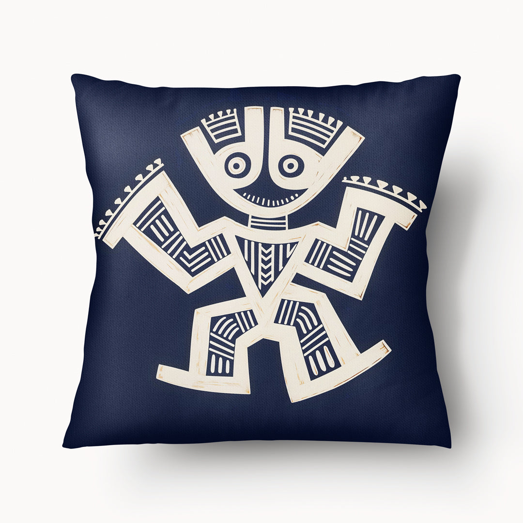 Coussin MZlle Design Décoration Ethnique Motif Précolombien ecru sur fond bleu