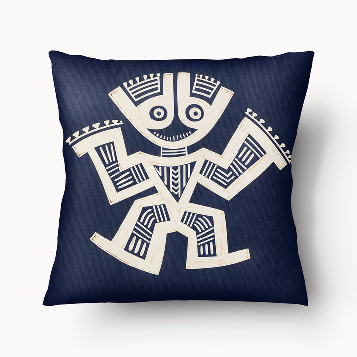 Housse de Coussin MZlle Design Décoration Ethnique Motif Précolombien ecru sur fond bleu