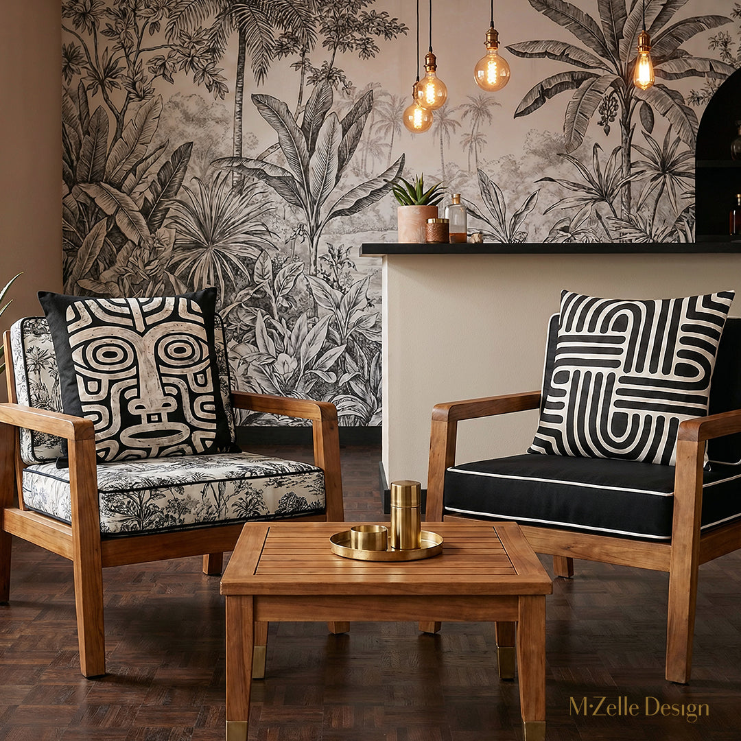 Décoration de bar lounge caribéen au design moderne, gros plan sur deux chaises en bois de teck  ornés d'un coussin carré motif tribal Mzelle design.