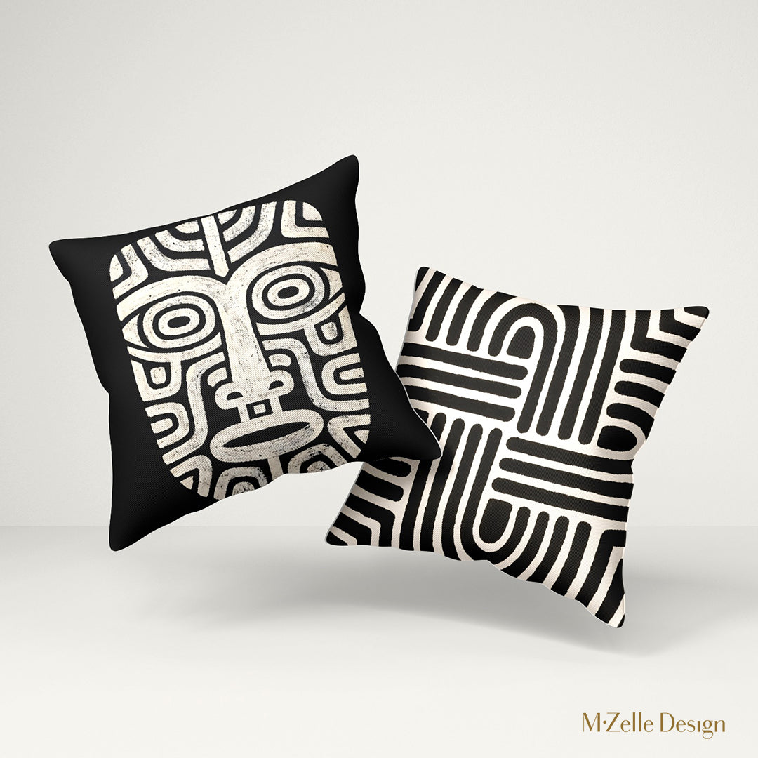 Coussins Décoration Art Précolombien motif beige sur fond noir, Grand Masque Tribal noir et écru, MZelle design