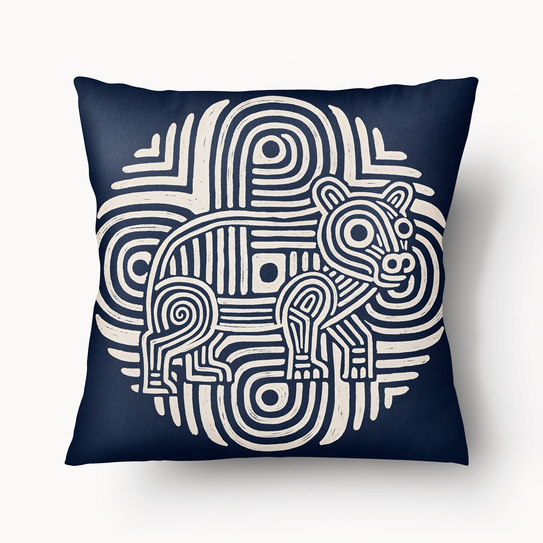 Coussin graphique de décoration de la marque MZelle Design, sur fond bleu  un animal écru sur un motif tribal, style rupestre moderne