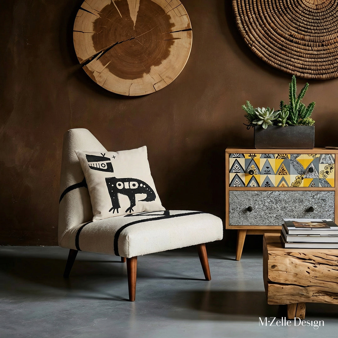 Décoration d'intérieur salon ethnique avec un fauteuil triangulaire orné d'un Coussin graphique MZelle Design, sur fond clair un motif noir représente un animal tribal, style rupestre moderne