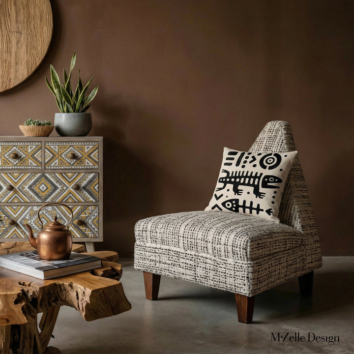 Décoration d'intérieur salon ethnique avec un fauteuil triangulaire orné d'un Coussin graphique MZelle Design, sur fond clair un motif noir représente un animal tribal, style rupestre moderne