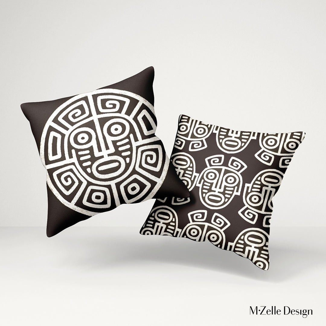 Coussin MZelle Design, Décoration Ethnique - Masque Précolombien ecru sur fond marron