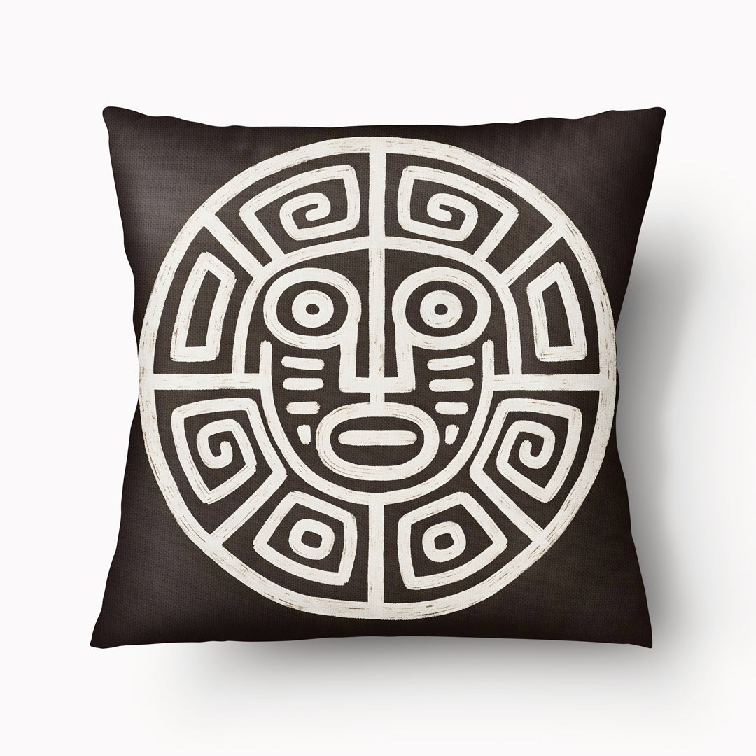 Housse de Coussin MZelle Design, Décoration Ethnique - Masque Précolombien ecru sur fond marron