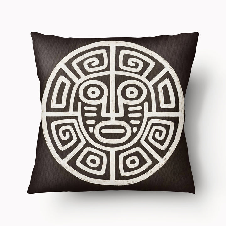 Housse de Coussin MZelle Design, Décoration Ethnique - Masque Précolombien ecru sur fond marron