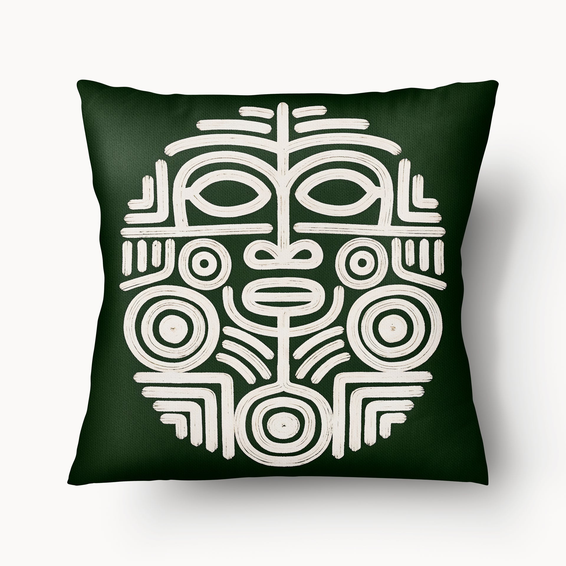 Housse de Coussin Mzelle design, Décoration Masque Précolombien et Motif Oiseau Maya fond vert et motif écru
