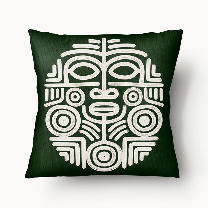 Housse de Coussin Mzelle design, Décoration Masque Précolombien et Motif Oiseau Maya fond vert et motif écru