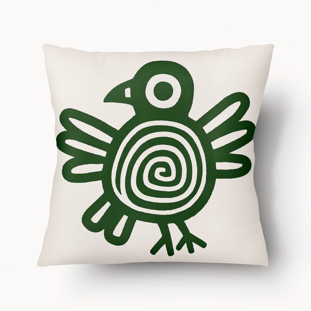 Housse de Coussin Mzelle design, Décoration Masque Précolombien et Motif Oiseau Maya fond vert et motif écru