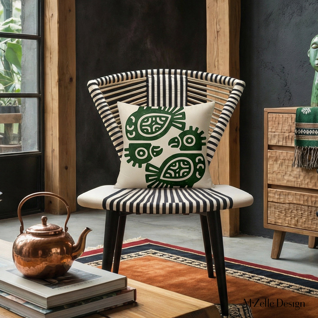 Décoration intérieur ethnique avec un coussin aspect lin MZelle design style Arts rupestres Tainos, motifs pétroglyphes, fond écru et oiseau vert