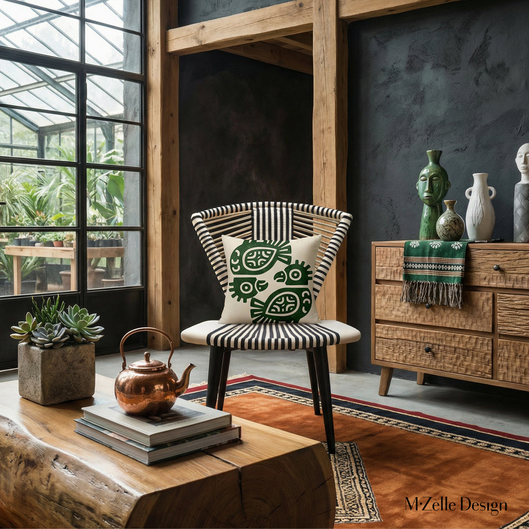 Décoration intérieur ethnique avec un coussin aspect lin MZelle design style Arts rupestres Tainos, motifs pétroglyphes, fond écru et oiseau vert