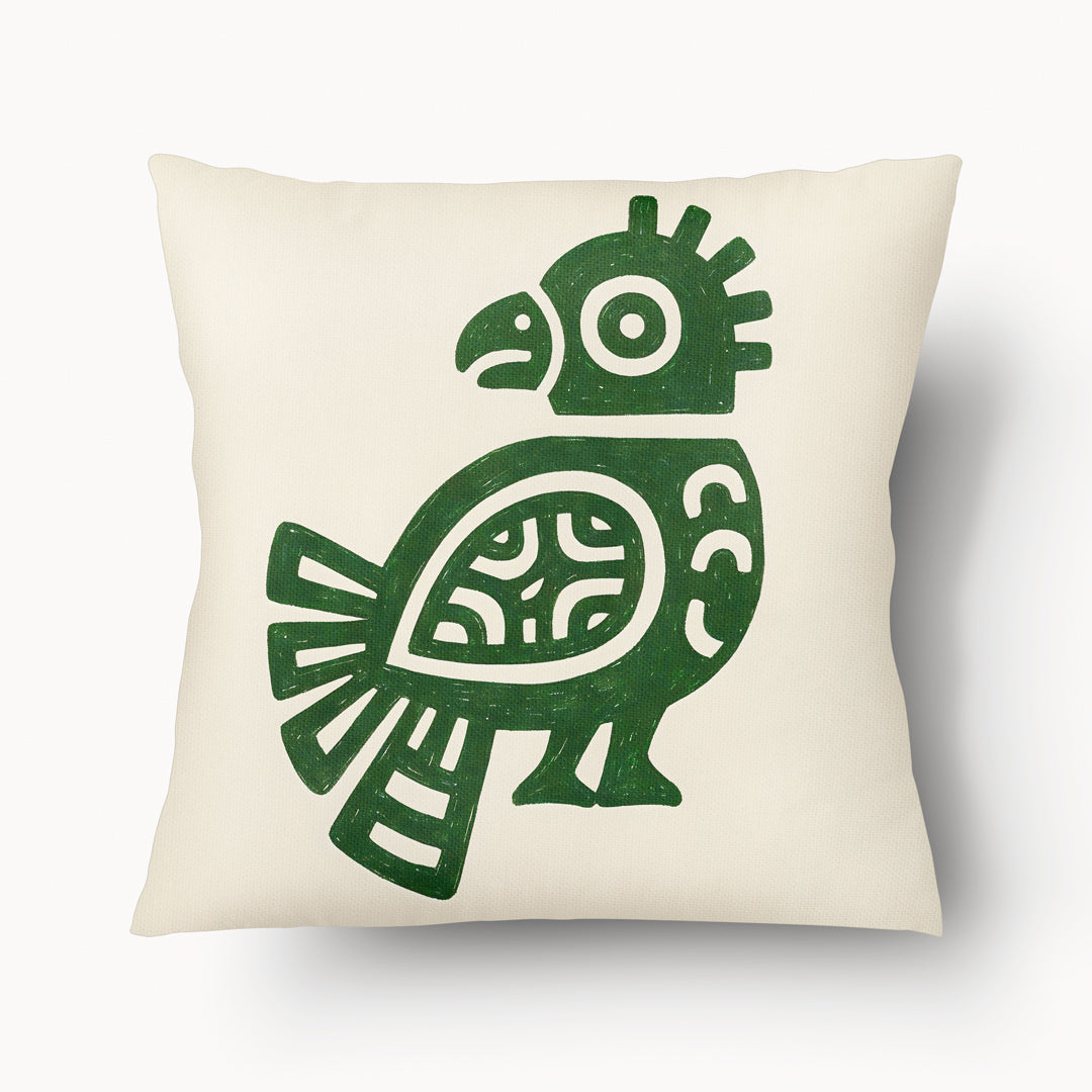 Housse décorative aspect lin MZelle design style Arts rupestres Tainos, motifs pétroglyphes, fond écru et oiseau vert