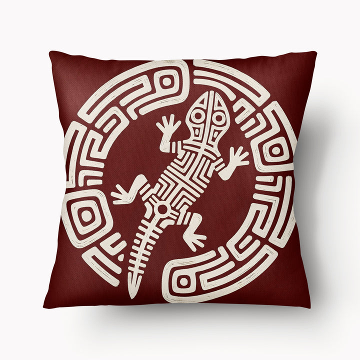 Coussin MZelle Design, Décoration Salamandre - Motif Lézard Précolombien écru sur fond rouge