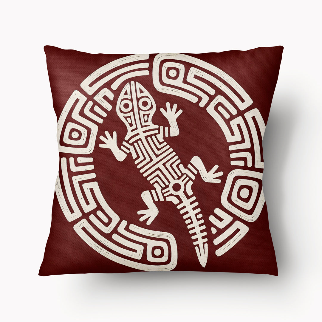 Coussin MZelle Design, Décoration Salamandre - Motif Lézard Précolombien écru sur fond rouge