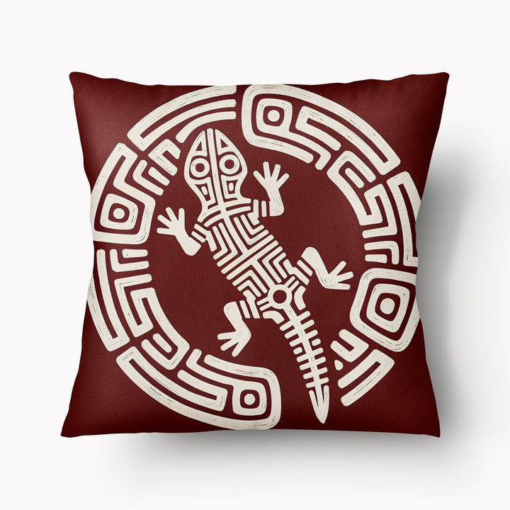 Coussin MZelle Design, Décoration Salamandre - Motif Lézard Précolombien écru sur fond rouge