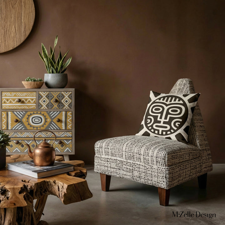 Décoration intérieur salon ethnique avec un fauteuil orné d'un cousssin aspect lin Mzelle Design,  Beau Design graphique d'inspiration Tainos et Arawaks sur fond clair