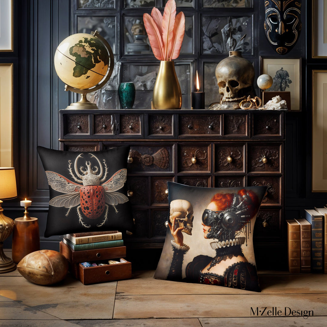 Décoration de cabinet de curiosité avec deux Housses de Coussin en satin noir et des objets divers Mzelle design