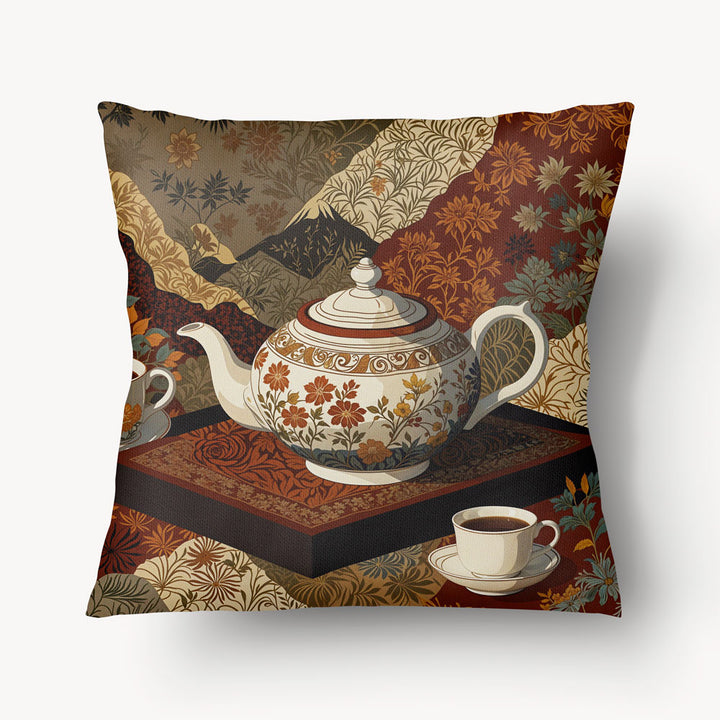 Coussin Mzelle Design, thème japandi imprimé service à Thé tons ocre et beige