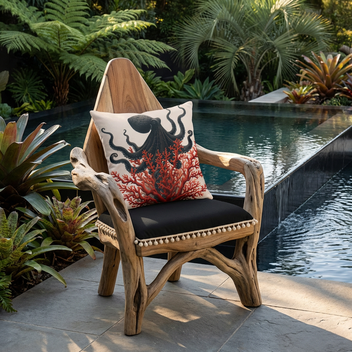 Photographie professionnelle décoration thème marin, avec un grand coussin mzelle design disposé sur une chaise au design original et contemporain en bois flotté, sans accoudoirs, dossier en bois triangulaire, assise noire finitions petits pompons écrus, placé devant une piscine sombre moderne à débordement et plantes exotiques. 
