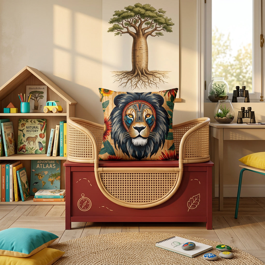 Photographie d’intérieur premium, chambre d’enfant non genré ambiance explorateur, vue d'un coffre à jouets, en bois peint rouge grenat et crème, tête de lit en forme de nacelle, orné au centre d'un large coussin mzelle design motif lion, bibliothèque basse en forme de cabane remplie de livres illustrés, murs crème avec une affiche naturaliste de baobab.