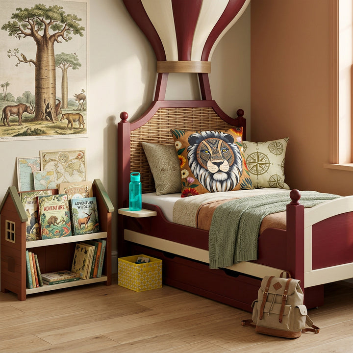 Photographie d’intérieur premium, chambre d’enfant non genré ambiance explorateur, vue de 3/4 d'un lit original de bois peint rouge grenat et crème, tête de lit en forme de nacelle, orné au centre d'un large coussin mzelle design motif lion, bibliothèque basse en forme de cabane remplie de livres illustrés, murs crème avec une affiche naturaliste de baobab.