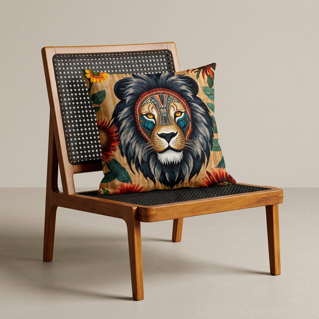 Photographie professionnelle d'un grand coussin mzelle design motif lion, disposé sur une chaise créole en bois de manguier verni, sans accoudoirs, dossier et assise en bois cannage noir, disposé dans décor écru neutre, sobre, sol en ciment couleur unie.