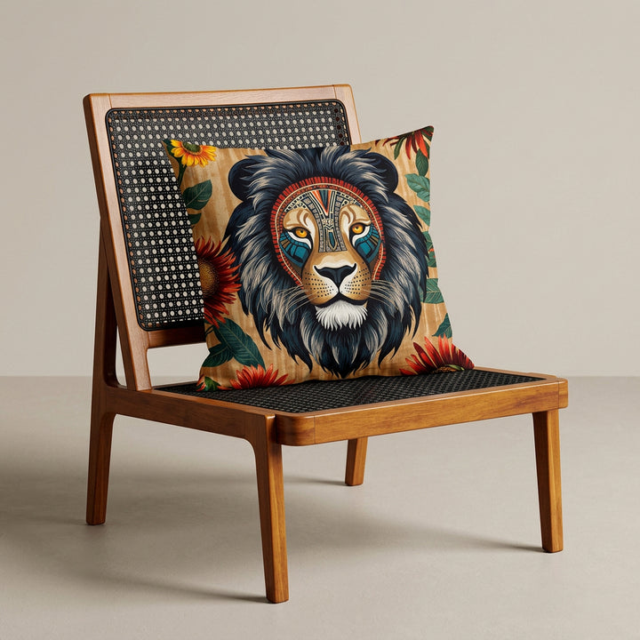 Photographie professionnelle d'un grand coussin mzelle design motif lion, disposé sur une chaise créole en bois de manguier verni, sans accoudoirs, dossier et assise en bois cannage noir, disposé dans décor écru neutre, sobre, sol en ciment couleur unie.