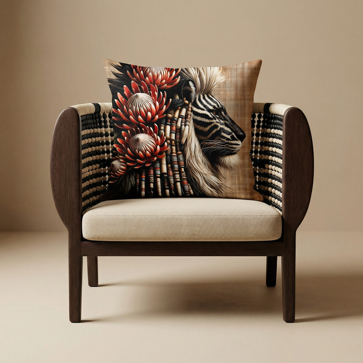 Photographie professionnelle de mobilier africain, de haute qualité d'un grand coussin mzelle design, motif lion, disposé sur un fauteuil en bois de wengé sans accoudoirs, dossier en perles noires et écrues , empiècement de bois arrondi sur les côtés, disposé dans décor écru neutre. 