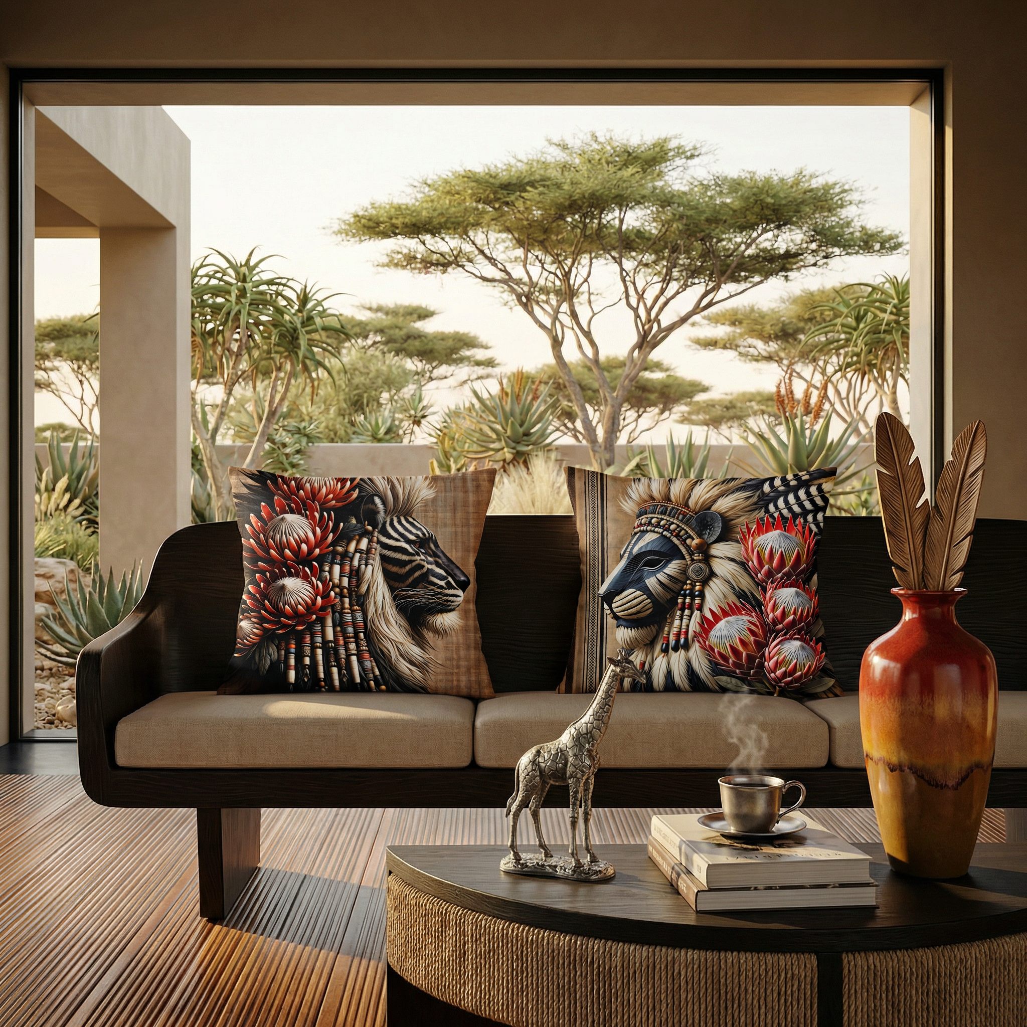 Photographie professionnelle de décoration d'intérieur, extrêmement détaillée et de haute qualité d'un salon au Kenya, esprit ethnique chic, vue sur un canapé en bois orné de deux grands coussins mzelle design, motifs lion, vue sur jardin aride.