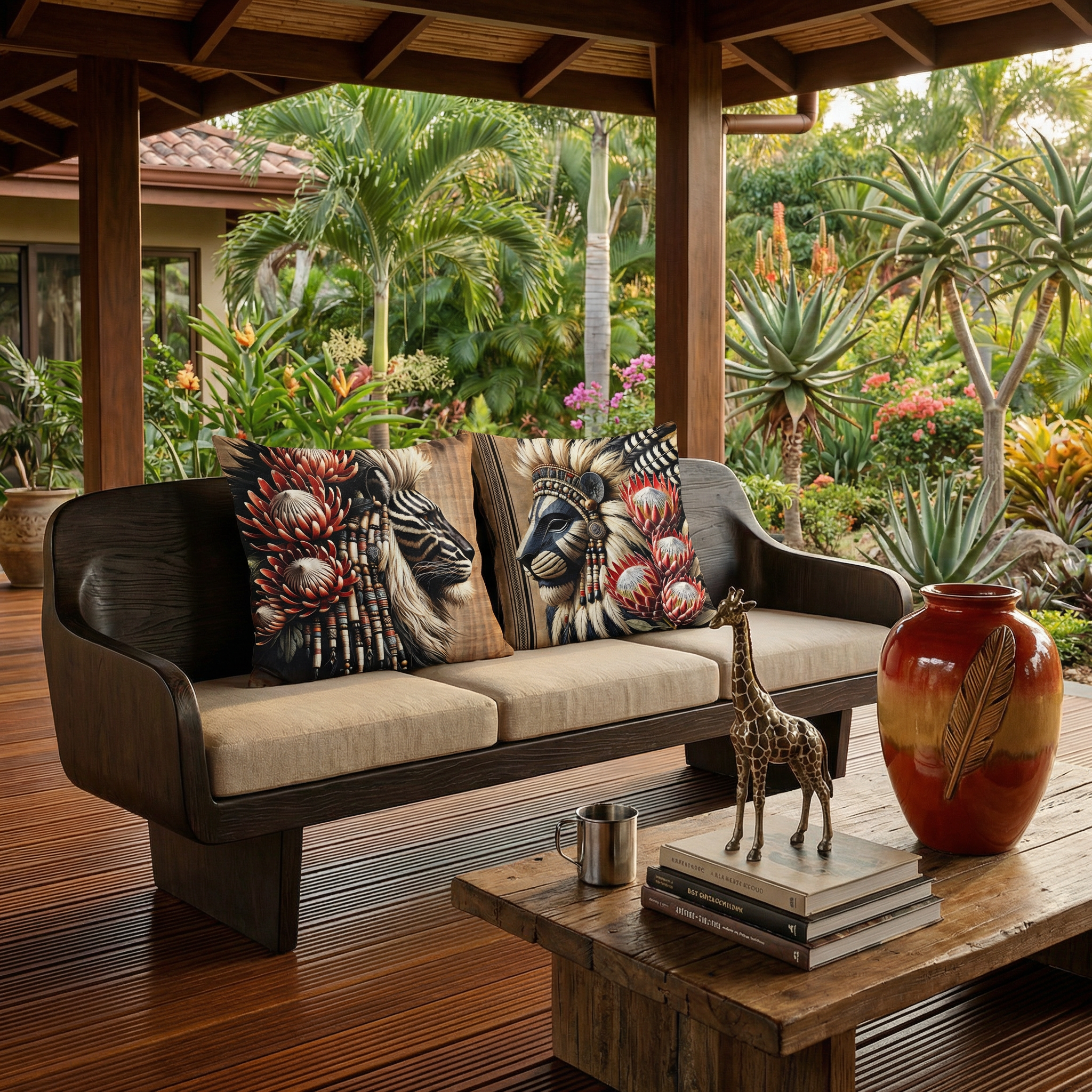 Photographie professionnelle de décoration d'intérieur, extrêmement détaillée et de haute qualité d'un salon au Kenya, esprit ethnique chic, vue sur un canapé en bois orné de deux grands coussins mzelle design, motifs lion, vue sur jardin aride.