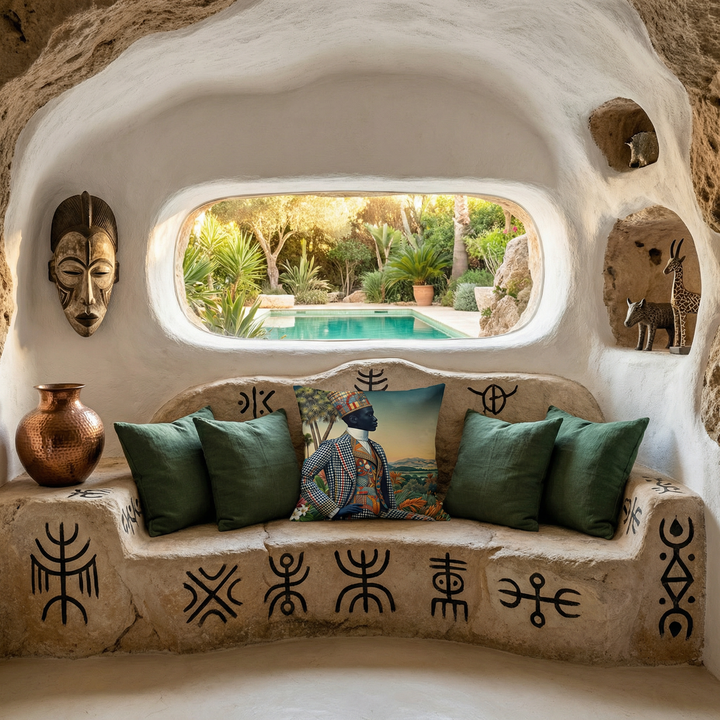 Photographie d'intérieur de style éditorial, villa troglodyte blanche d'architecte, inspirée de l'esthétique africaine subsaharienne. Vue de face d'un banc en bois sculptée encastré dans la roche, orné avec le grand coussin carré.