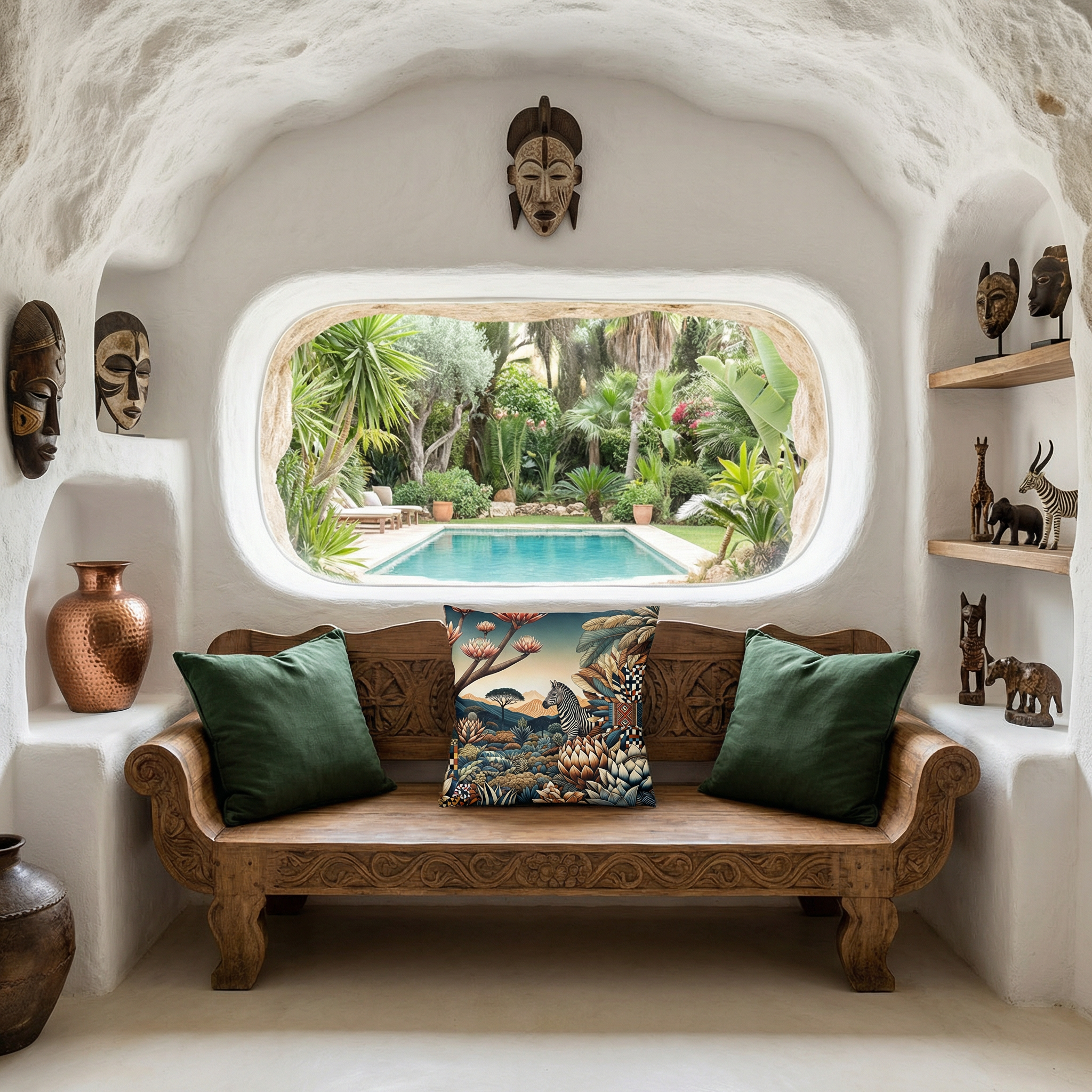 Photographie d'intérieur de style éditorial, villa troglodyte blanche d'architecte, inspirée de l'esthétique africaine subsaharienne. Vue de face d'un banc en bois sculptée encastré dans la roche, orné avec le grand coussin carré.