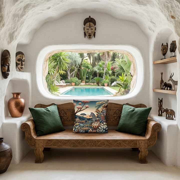 Photographie d'intérieur de style éditorial, villa troglodyte blanche d'architecte, inspirée de l'esthétique africaine subsaharienne. Vue de face d'un banc en bois sculptée encastré dans la roche, orné avec le grand coussin carré.