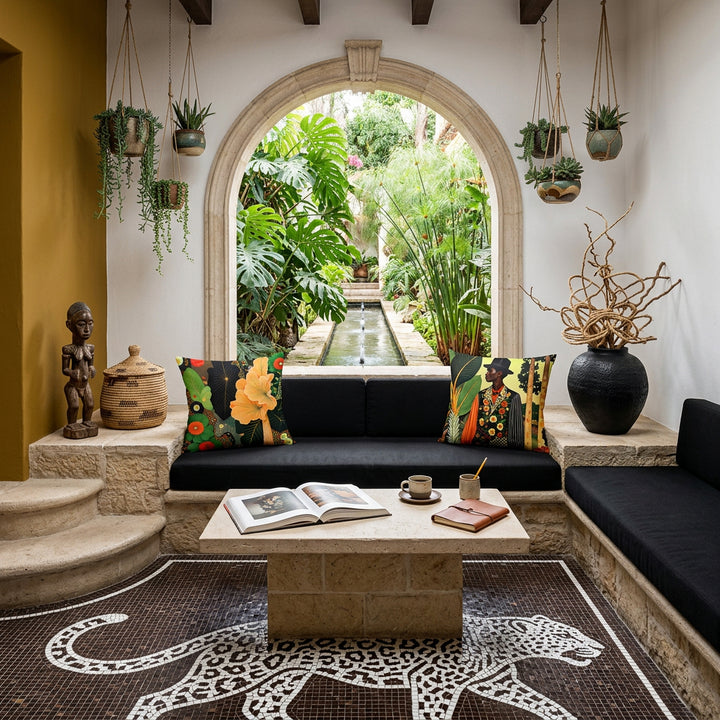 photographie professionnelle décoration d'une hacienda tropicale, vue centrale une banquette de pierre surélevé sur une marche arrondie, assises en tissus noir orné de 2 coussins mzelle design motifs afro chic,  Table basse assortie avec laptop, tasse de café, carnet, pot à crayons. En arrière plan, une arche ouverte sur un jardin avec bassin.