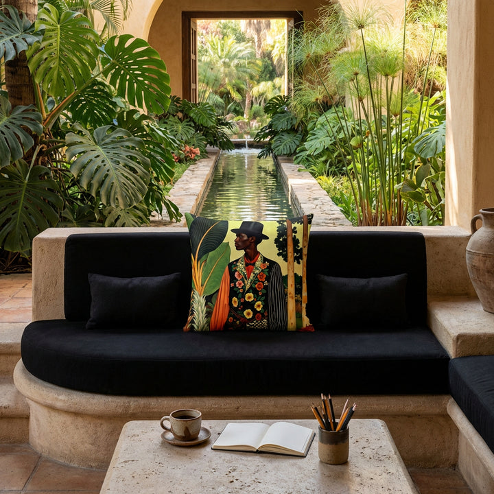 photographie professionnelle d'un intérieur hacienda tropicale, vue centrale une banquette de pierre surélevé sur une marche arrondie, assises en tissus noir orné d'un large cousin mzelle design afro chic et 2 petits coussins rectangles noirs. Table basse assortie avec une tasse de café, carnet, pot à crayons. En arrière plan, une arche ouverte sur un jardin luxuriant.