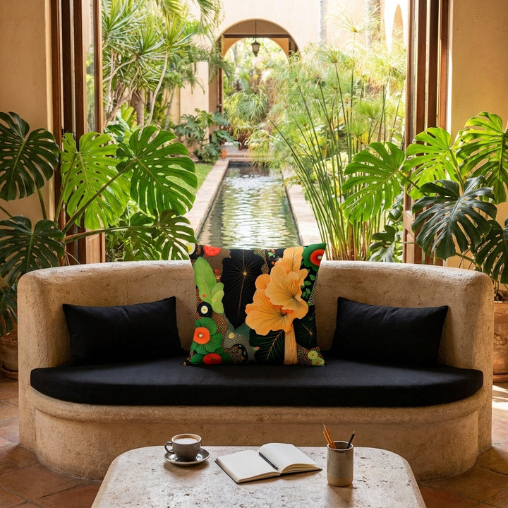 photographie professionnelle d'un intérieur hacienda tropicale, vue centrale une banquette de pierre surélevé sur une marche arrondie, assises en tissus noir orné d'un large cousin mzelle design afro chic et 2 petits coussins rectangles noirs. Table basse assortie avec une tasse de café, carnet, pot à crayons. En arrière plan, une arche ouverte sur un jardin luxuriant.