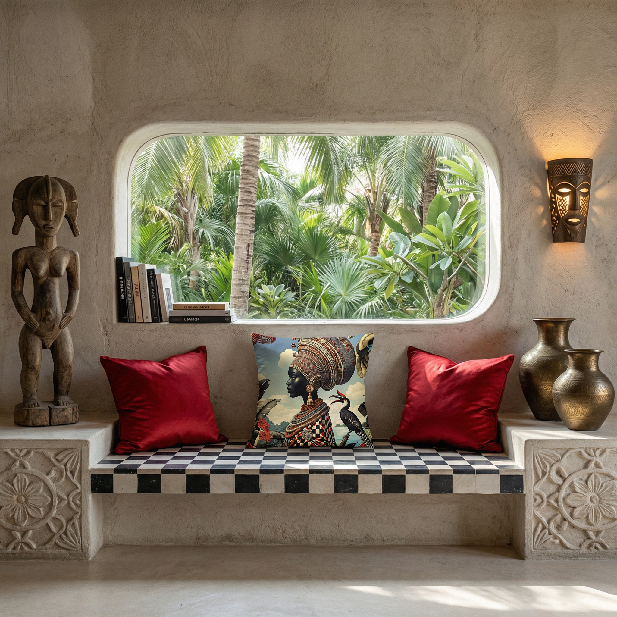 Photographie d'intérieur de style éditorial, villa contemporaine d'architecte, inspirée de l'esthétique africaine subsaharienne. Vue de face d'un banc en pierre sculptée surélévé, peint en damier noir et blanc, orné d'un large coussin au centre.
