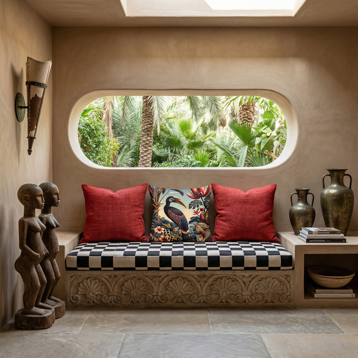 Photographie d'intérieur de style éditorial, villa contemporaine d'architecte, inspirée de l'esthétique africaine subsaharienne. Vue de face d'un banc en pierre sculptée surélévé, peint en damier noir et blanc, orné d'un large coussin au centre