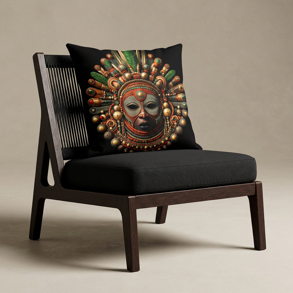 Photographie professionnelle extrêmement détaillée et de haute qualité d'un fauteuil en bois de wengé , sans accoudoirs, dossier en cordage noir, assise en twill noir, découpe triangulaire sur les côtés, orné d'un large coussin mzelle design motif masque africain.