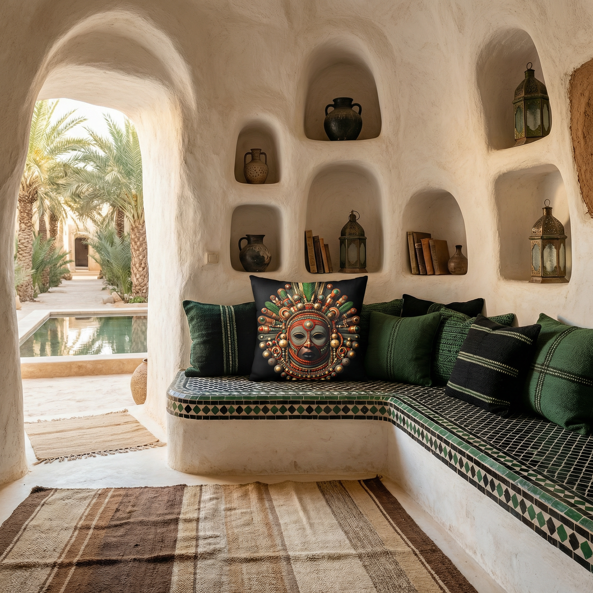 photographie professionnelle, esthétique éditoriale, décoration eco-lodge subsaharien troglodyte montrant une alcôve architecturale avec banquette en mosaïques noir et vert ornée d'un large coussin motif masque africain mzelle design,  entouré de coussins assortis, des niches troglodytes avec des objets et des livres, lanternes.