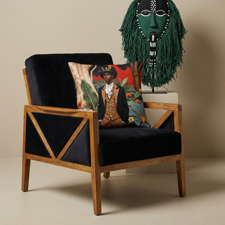 Photographie professionnelle d'un grand coussin coloré mzelle design, disposé sur un fauteuil en bois de de manguier verni sans accoudoirs, dossier et assises en velours noir , empiècement triangulaire sur les côtés, disposé dans décor écru neutre, en arrière plan une sculpture de masque Burkinabé en fibres textiles vert foncé et perles noires et blanches.