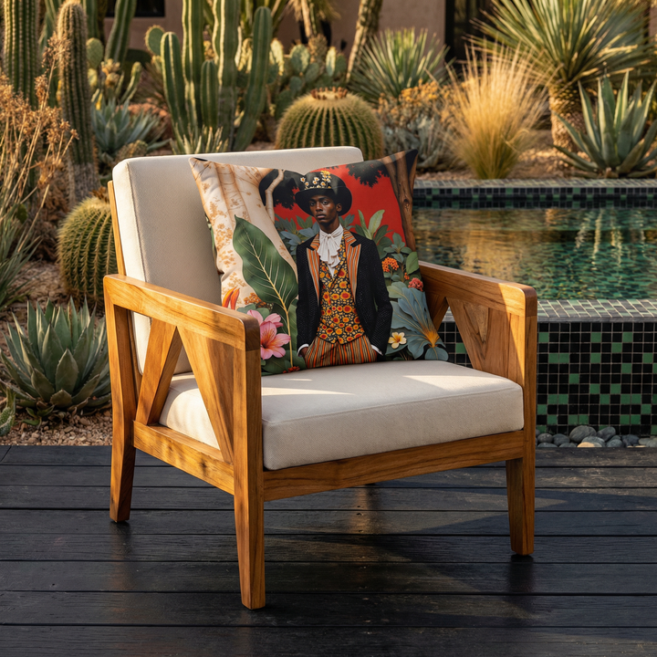 Photographie professionnelle d'un fauteuil en bois de manguier verni, sans accoudoirs, dossier et assise en twill ecru, découpe triangulaire sur les côtés, orné d'un large coussin coloré mzelle design , disposé dans décor de jardin aride avec un bassin d'eau douce en mosaiques noir et vert.