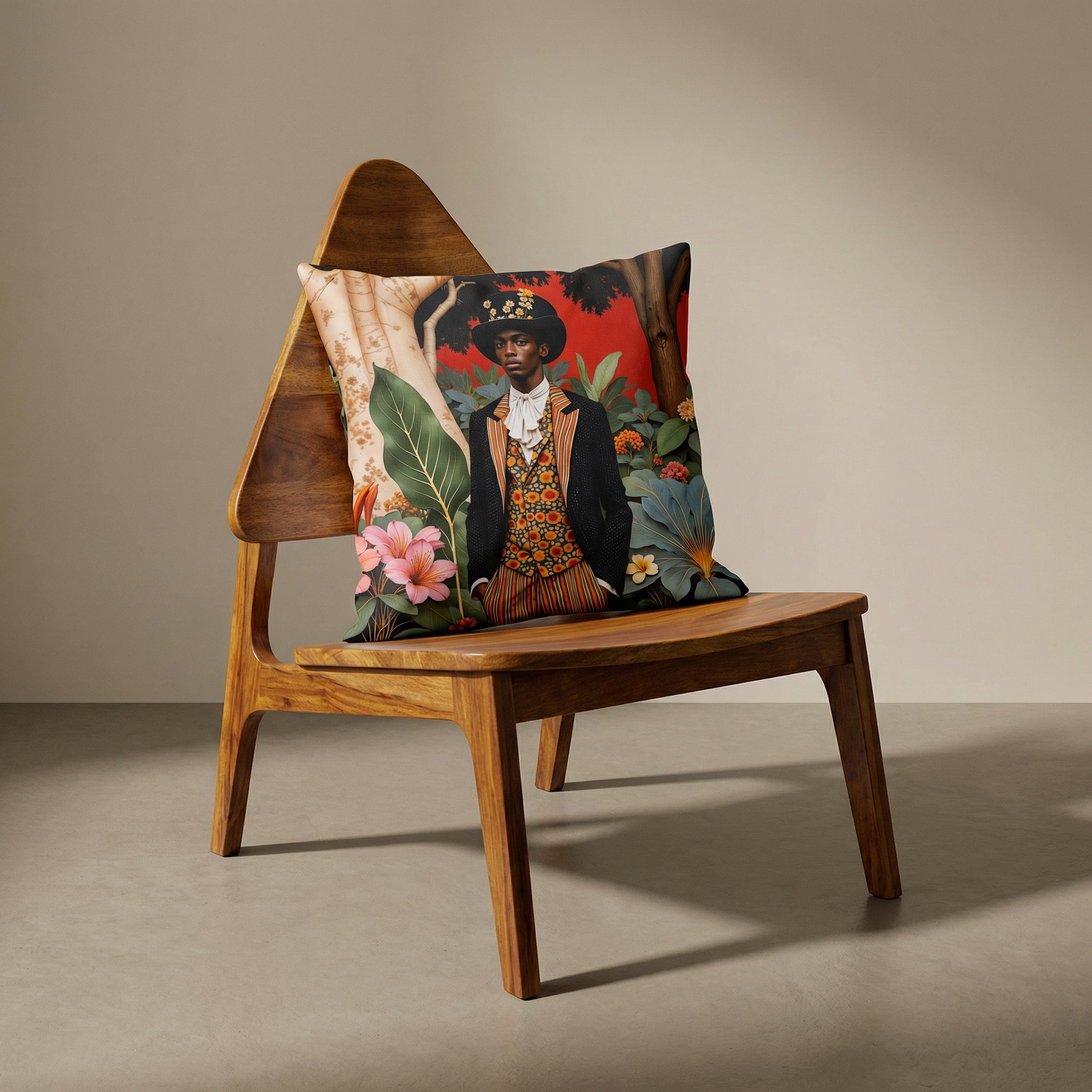 Photographie professionnelle extrêmement détaillée et de haute qualité d'un grand coussin mzelle design avec disposé sur un fauteuil en bois de de manguier verni sans accoudoirs, dossier triangulaire, disposé dans décor écru neutre.