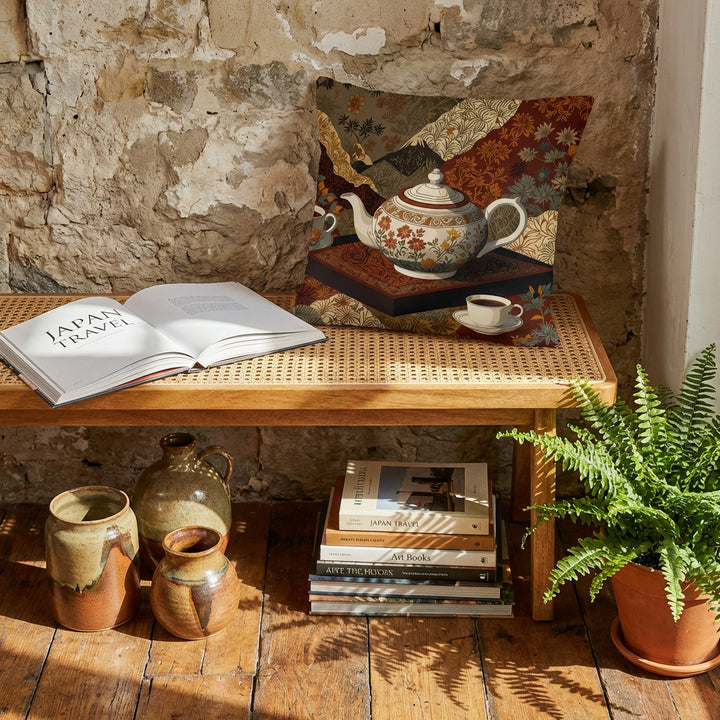 Photographie d’intérieur décoration d'un concept store, banquette en bois  orné d'un coussin mzelle design et d'un livre "JAPAN TRAVEL" posé à plat à côté, mur brut en ieilles pierres, sol en bois ancien irrégulier, 3 céramiques , pile de livres d'art, fougère dans un pot au sol. 