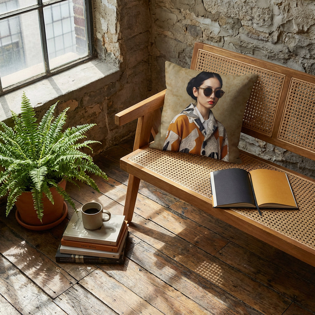 Photographie d’intérieur décoration de loft  vue en plongée sur une banquette en bois de manguier orné d'un coussin mzelle design motif japandi et d'un carnet noir et ocre posé à côté, fenêtre industrielle, mur brut en vieilles pierres, sol en bois ancien irrégulier, tasse de café en céramique émail mat posée sur une pile de livres. 